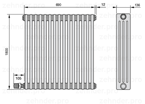 Схема (чертеж) Радиатор Zehnder Charleston 4180/15 №V004 Белый глянцевый RAL 9016